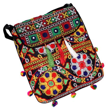 Jaipuri Handmade Embroidered Cotton Sling Bag – Traditional Rajasthani Crossbody Bag with Tassels for Women